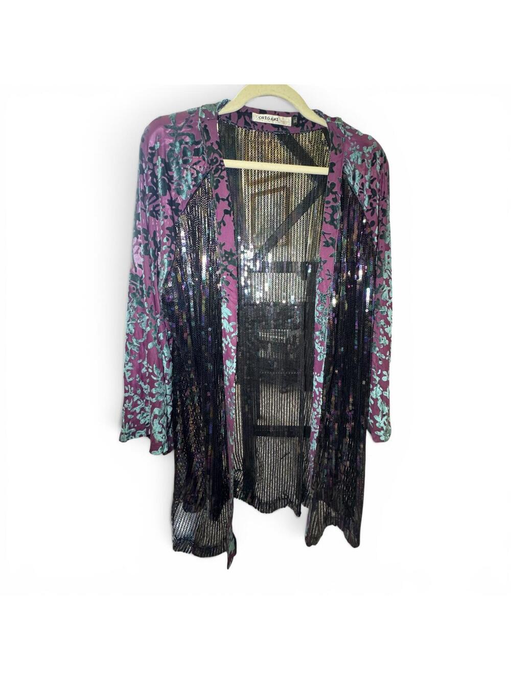 Origami Kimono Women's XL Top Party Duster Concert Purple Blue Sheer Sequin EUC